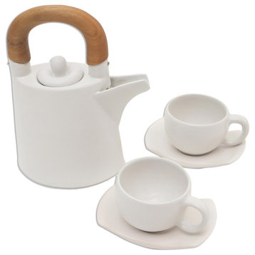 Novica Handmade Midday Cup Ceramic And Teak Wood Tea Set (5 Pcs)