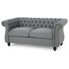 Chesterfield Loveseat, Birchwood Legs With Tufted Back & Rolled Arms, Dark Gray