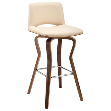 Gerty Swivel Faux Leather and Wood Stool, Cream and Walnut, Counter Height