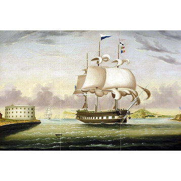 Tile Mural Ship George Washington Entering New York Harbor, Marble