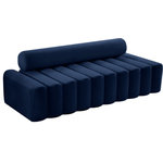 Meridian Furniture - Melody Velvet Upholstered Chair, Navy, Sofa - Give a nod to mod when you bring home this sleek Melody velvet sofa. Designed to integrate easily with the chair and loveseat in the same collection, this Melody sofa is upholstered in soft navy velvet for a look that's chic and elegant yet edgy and up-to-the-minute. The deepest of channel tufting forms a textural delight on the body of this piece, giving it a look that's one part functional seat, one part art.