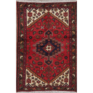 Medallion Traditional Hamedan Oriental Hand Knotted Area Rug, Red, 5'X3'4"