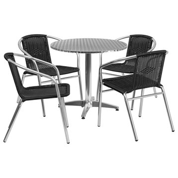 31.5" Round Aluminum Indoor Outdoor Table With 4 Black Rattan Chairs