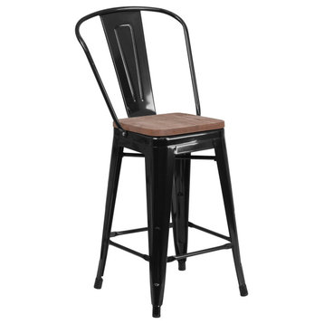 24" Black Metal Counter Bar Stool With Curved Slatted Back And Wood Seat