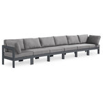 Meridian Furniture - Nizuc Water Resistant Patio Modular Straight Sofa, Gray, 6-Piece: 4 Armless Chair, 2 Corner Chair, Dark Gray Aluminum Frame - Pick and choose your favorites from the Nizuc collection to create a modular seating group the whole gang will enjoy. The sturdy aluminum frame provides dependable support for friends and family as they relax and unwind, and the resilient grey water resistant fabric stands up to the elements without losing its beautiful demeanor, so you can count on it lasting for the long haul. Latches beneath these seating pieces help you easily attach them to one another for convenient setup.