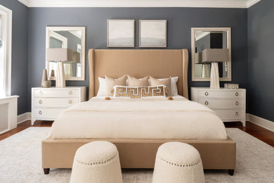 Design ideas for a large traditional master bedroom in Philadelphia with blue walls, medium hardwood flooring, a standard fireplace, a stone fireplace surround and brown floors.