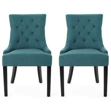 Set of 2 Dining Chair, Padded Seat & Diamond Buttonless Tufted Back, Dark Teal