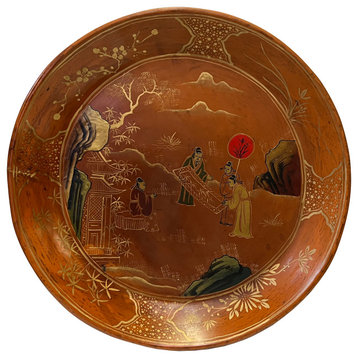 Chinoiseries Golden Graphic Brown Lacquer Round Display Disc Plate Tray Hws3390