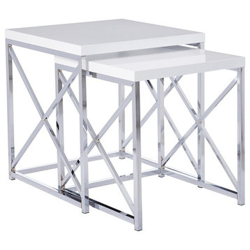 Glossy White and Chrome Metal Nesting Table Set, 2-Piece