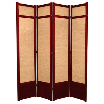 Traditional Room Divider, Wooden Frame With Woven Jute Screens, Red/4 Panels