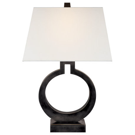 Ring Form Large Table Lamp in Bronze with Linen Shade