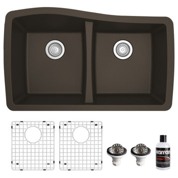 Karran Undermount Quartz 33" 50/50 Double Bowl Kitchen Sink Kit, Brown