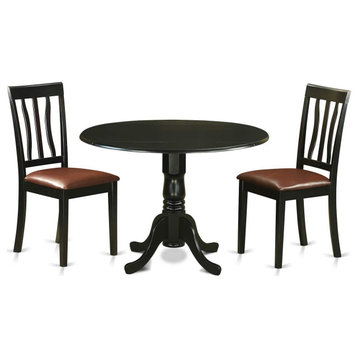 3 Pieces Dining Set, Table With Drop Leaves & Cushioned Chairs, Black/Pu Leather