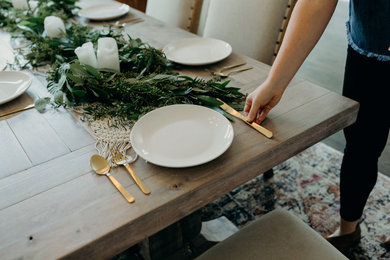 Inspiration for a large cottage medium tone wood floor and brown floor kitchen/dining room combo remodel in Atlanta with white walls and no fireplace