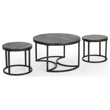 Modern Industrial Coffee Table Set, Pewter Metal Frame With Round Fir Wood Top