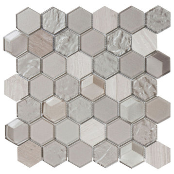 Modket Hexagon Gray White Oak Marble Gray Glass Mosaic Tile Backsplash TDH28MDR