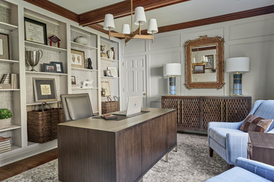 Inspiration for a transitional freestanding desk coffered ceiling and wallpaper home office remodel in New York with a tile fireplace