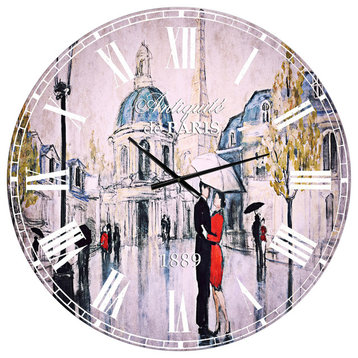 Love in Paris I Romantic French Country Oversized Metal Clock, 36x36