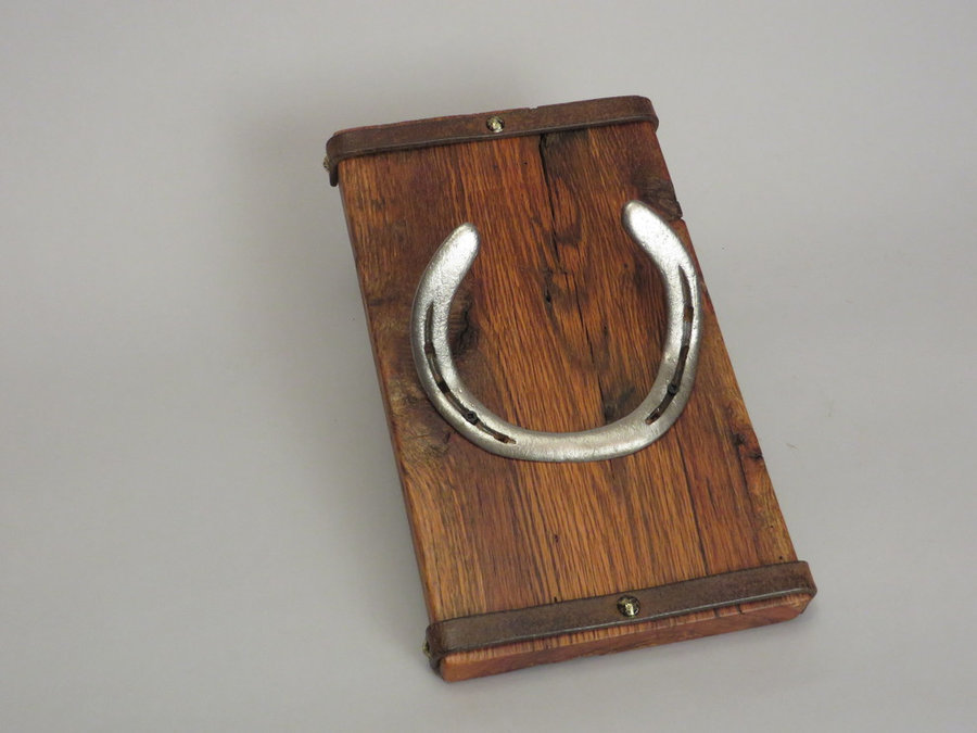 #R15030 Coat Rack Reclaimed Red Oak, horseshoes, leather.