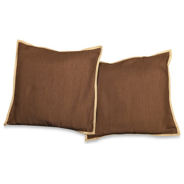 Brown,Gold Trim - 2 Handcrafted Raw Silk Throw Pillow Case 16" X 16"