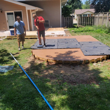 Stamped concrete, cedar deck