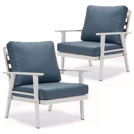 LeisureMod Walbrooke White Patio Armchairs with Cushions Set of 2, Navy Blue