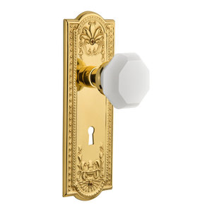 Nostalgic Warehouse Deco Plate with Waldorf Crystal Knob Unlacquered Brass 2.25 Mortise