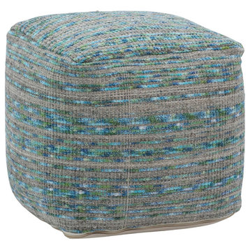 Karaman Wool Upholstered Pouf, Blue/Green/Grey