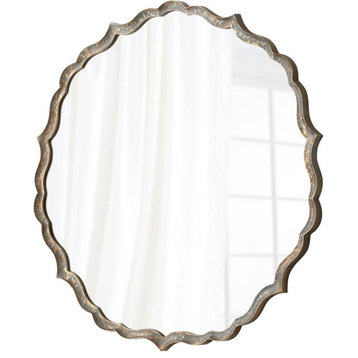 Rustic Round Scalloped Wall Decor Mirror in Rustic Patina Curved Beveled Frame