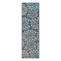 Zinnia Modern Floral Textured Weave Area Rug, Navy and Aqua, 2'2"x8'