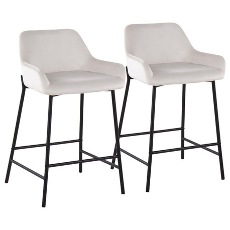 Daniella Fixed-Height Counter Stool, Set of 2, Black Metal, White Velvet