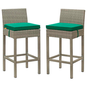 Contemporary Outdoor Patio Bar Stool Chair, Set of Two, Fabric Rattan, Green