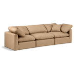 Meridian Furniture - Indulge Upholstered Modular Sofa, Tan, 3-Piece: 1 Armless Chair, 2 Corner Chair, Fiber Stuffed Vegan Leather - Experience ultimate comfort and style with our tan vegan leather Indulge Sofa. The luxurious vegan leather will elevate the aesthetic of any room. This sofa provides ample space for you to relax while its modular build offers the option of unlimited configurations. Whether you're looking to add a stylish element to your living room or a comfortable seating option to your bedroom, this sofa is the perfect choice.