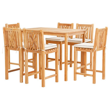 7 Piece Teak Wood Chippendale 63" Rectangular Bistro Bar Set, 6 Bar Chairs