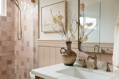 Inspiration for a small french country pink tile and ceramic tile single-sink and wainscoting bathroom remodel in Orange County with medium tone wood cabinets, quartz countertops, a hinged shower door, white countertops, a freestanding vanity and pink walls