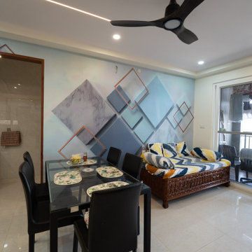 Dining Area with Blue 3D Geometric Wall