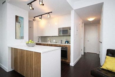 Inspiration for a small contemporary galley dark wood floor open concept kitchen remodel in Ottawa with an undermount sink, flat-panel cabinets, medium tone wood cabinets, quartz countertops, gray backsplash, glass tile backsplash, stainless steel appliances and an island