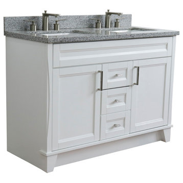 48" Double Sink Vanity, White Finish With Gray Granite And Rectangle Sink