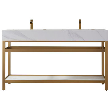 Bilbao Vanity with Metal Bracket & Stone Top, Brushed Gold, 60", Without Mirror