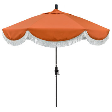 9' Matte Black Surfside Patio Umbrella With Ribs and White Fringe, Melon