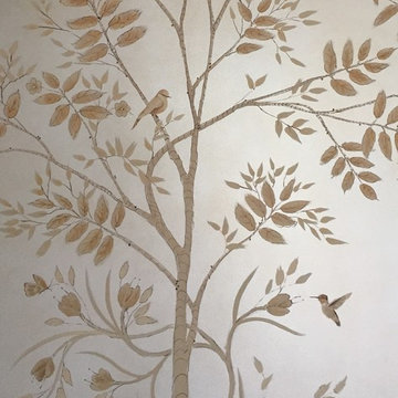 Tree Mural: Close-Up Stylized Silverleaf Finish with Birds, Trees and Foliage