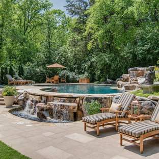 ナッシュビルのキドニーシェイプ地中海スタイルのおしゃれな裏庭プール (噴水) の写真