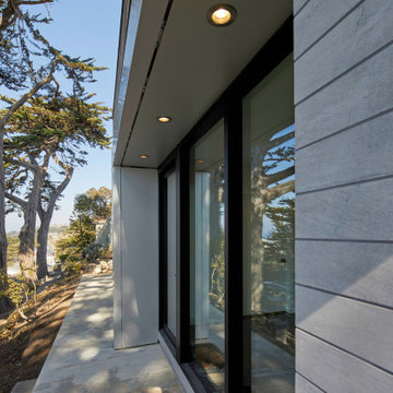 Detail of the entry canopy and black aluminum windows and doors