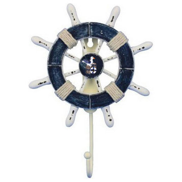 Rustic Dark Blue and White Decorative Ship Wheel With Seagull and Hook 8' - W