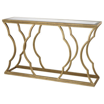 Art Deco Beveled Mirror Top Console Table in Antique Gold Leaf Finish Sturdy
