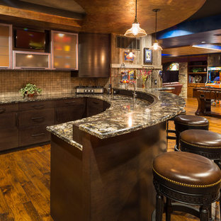 Inspiration for a rustic basement in Kansas City with yellow floors.