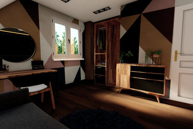 Cette image montre un dressing room design en bois brun de taille moyenne et neutre avec un placard sans porte, sol en stratifié et un sol marron.