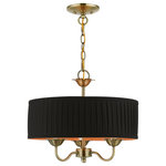 Livex Lighting - Livex Lighting 3 Light Antique Brass Pendant Chandelier - The three-light Harrington pendant chandelier combines floral details and casual elements to create an updated look. The hand-crafted black fabric hardback pleated drum shade is set off by an inner silky orange fabric that combines with chandelier-like antique brass finish sweeping arms which creates a versatile effect. Perfect fit for the living room, dining room, kitchen or bedroom.