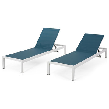 GDF Studio Crested Bay Outdoor Gray Aluminum Chaise Lounge, Blue/White, Set of 2