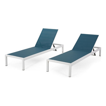 GDF Studio Crested Bay Outdoor Gray Aluminum Chaise Lounge, Blue/White, Set of 2